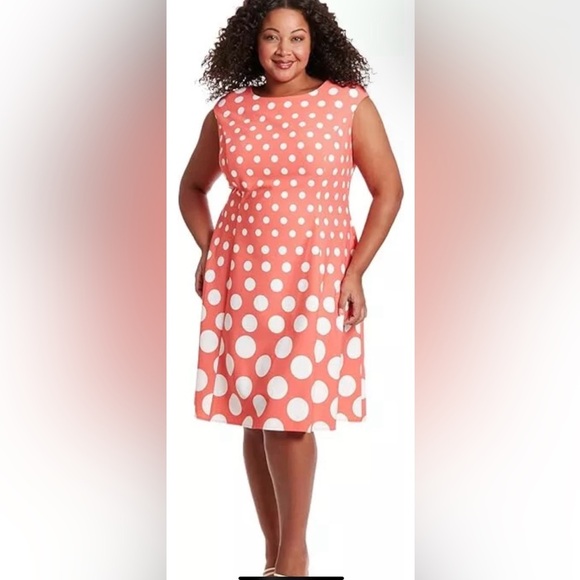 London Times Women's Polka Dot Fit & Flare Dress, Coral/White, Size-20W - Picture 1 of 8